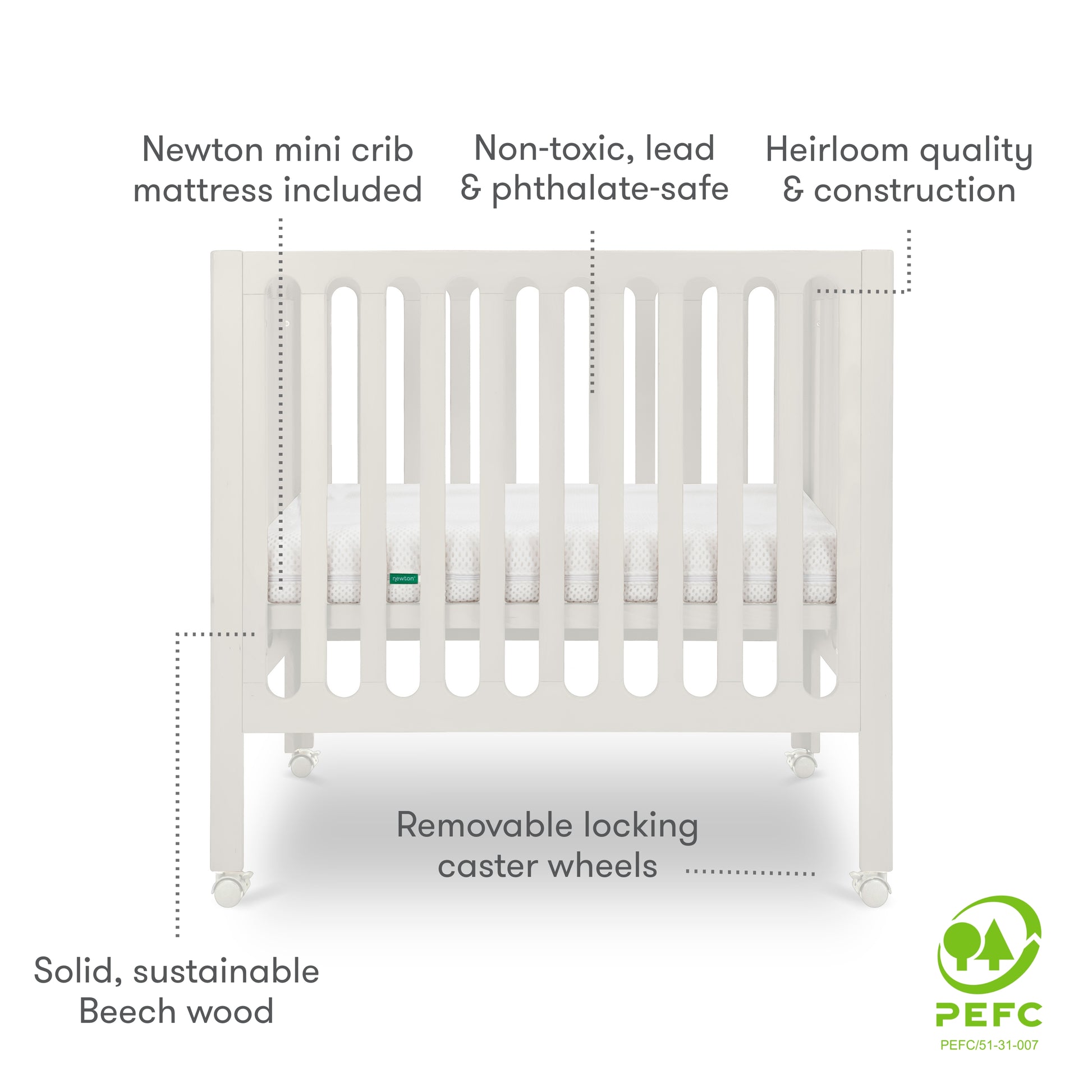 Warm White modern baby crib with a thin mattress on wheels. With Text "newton mini crib mattress included, non-toxic, lead & phthalate-safe, heirloom quality & construction, removable locking caster wheels, solid, sustainable beech wood"