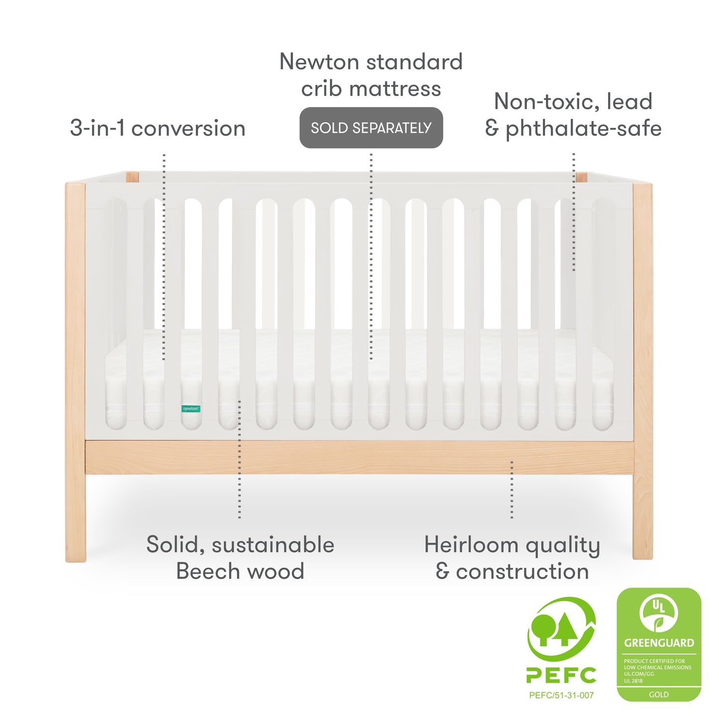 The Newton Galileo Convertible Crib by Newton Baby is a 3-in-1 crib with white beech wood slats, crafted with non-toxic materials and heirloom quality, certified for safety and sustainability, and styled for a modern nursery.