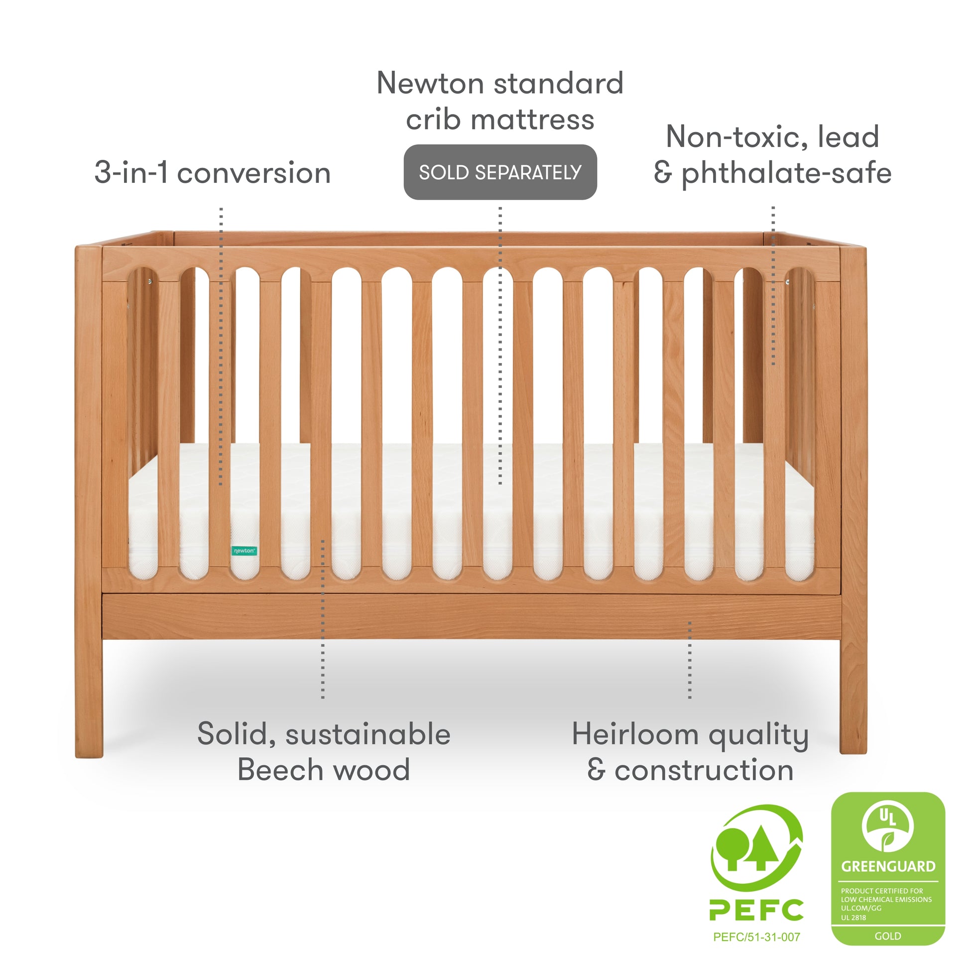 The Newton Galileo Convertible Crib by Newton Baby features a beech wood frame, vertical bars, a white mattress, 3-in-1 convertible design, non-toxic materials, heirloom quality, and is PEFC and GREENGUARD Gold certified.