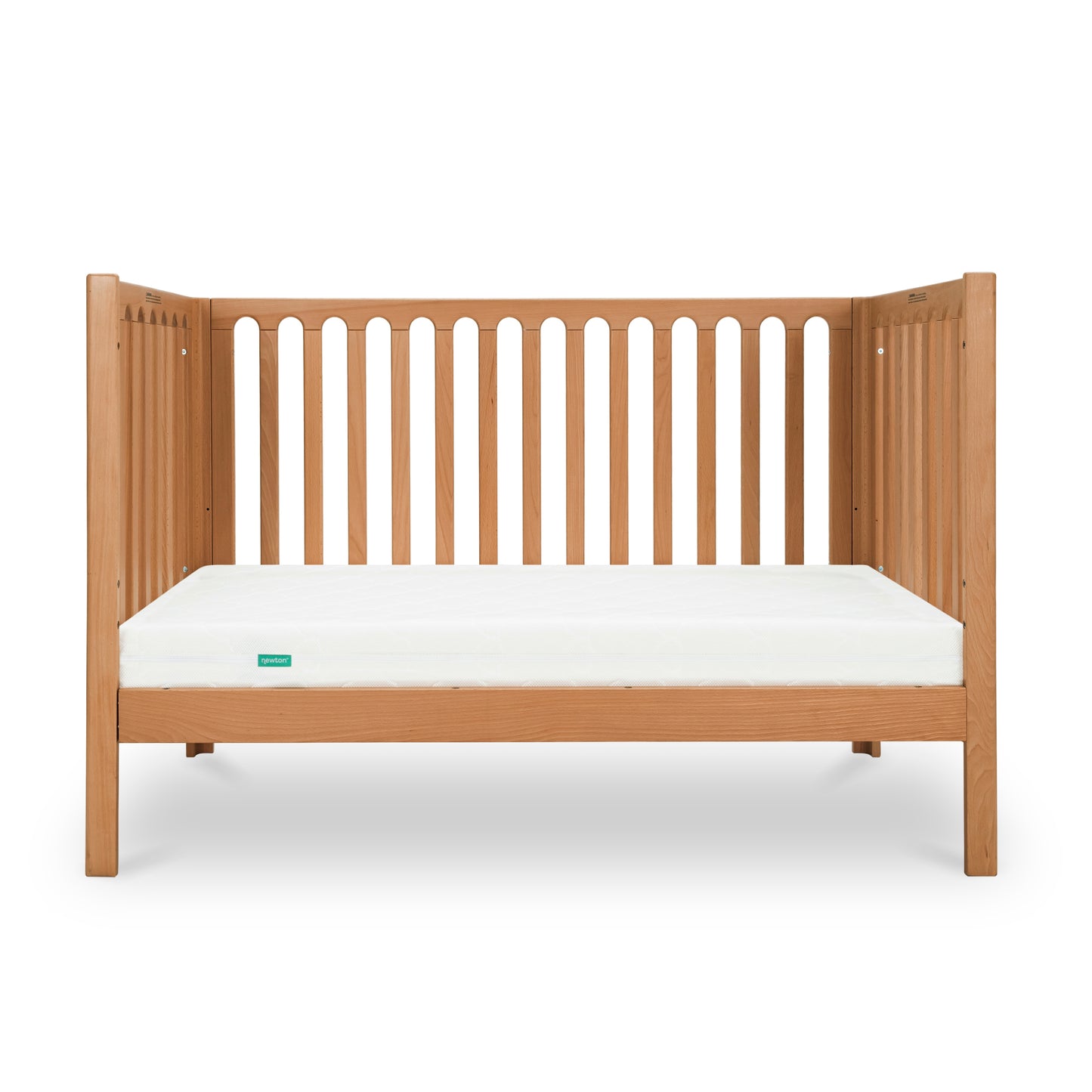 The Newton Galileo Convertible Crib by Newton Baby, made of beech wood with vertical slats and a white mattress, is shown against a plain white background. It easily converts to a toddler bed for long-lasting versatility.
