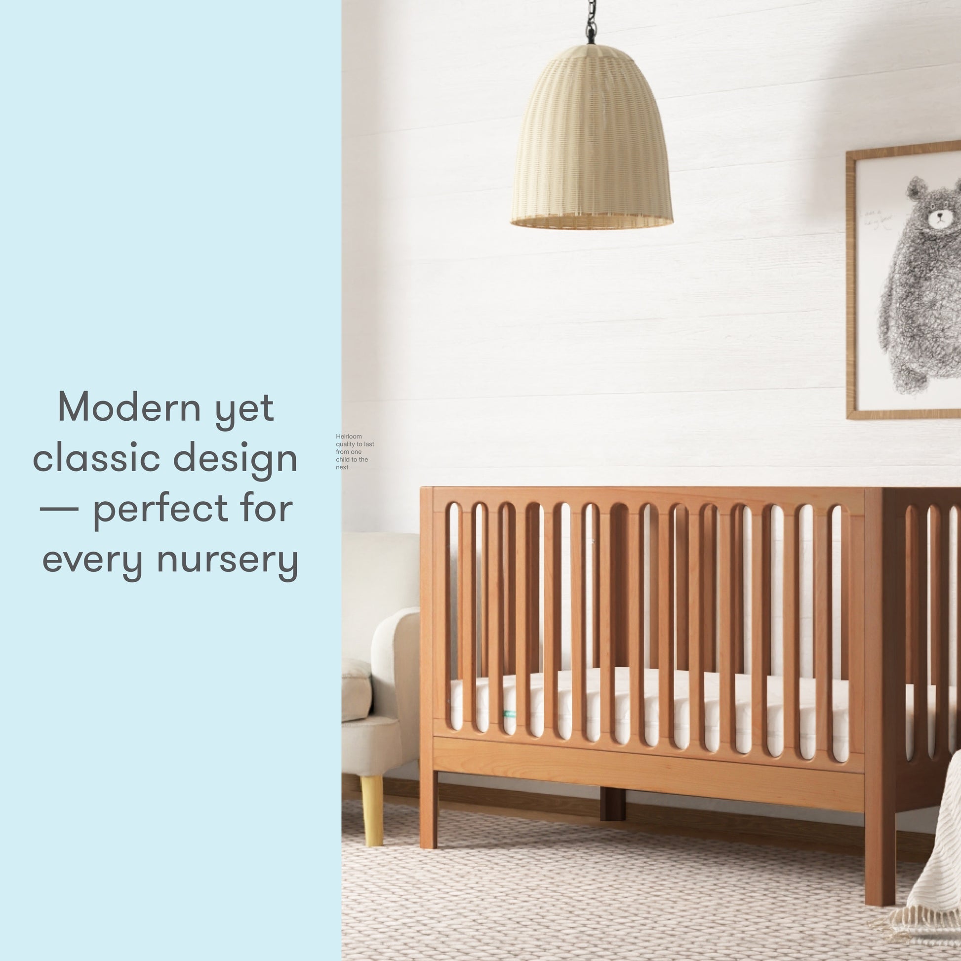 Modern yet classic designed nursery with a wooden crib, a framed rabbit illustration on the wall, and the text "Modern yet classic design — perfect for every nursery."