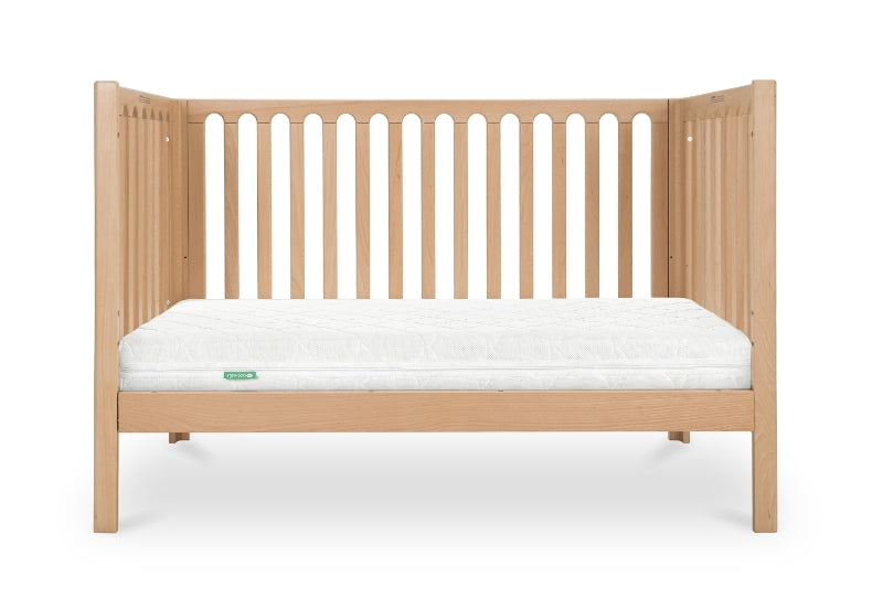 newton galileo crib in natural color converted to toddler mode, no guard,  front facing product image with white background.