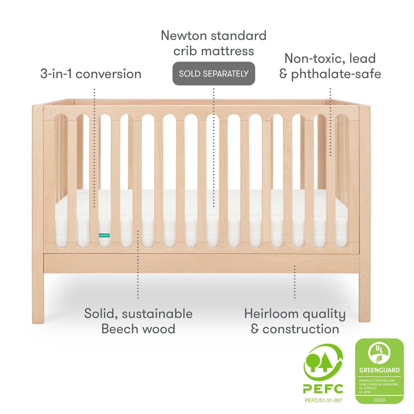 Front view of the Newton Galileo Convertible Crib by Newton Baby in solid beech wood, showing labeled features: 3-in-1 convertible design, heirloom quality, non-toxic materials, toddler bed option, and certification badges at bottom right.