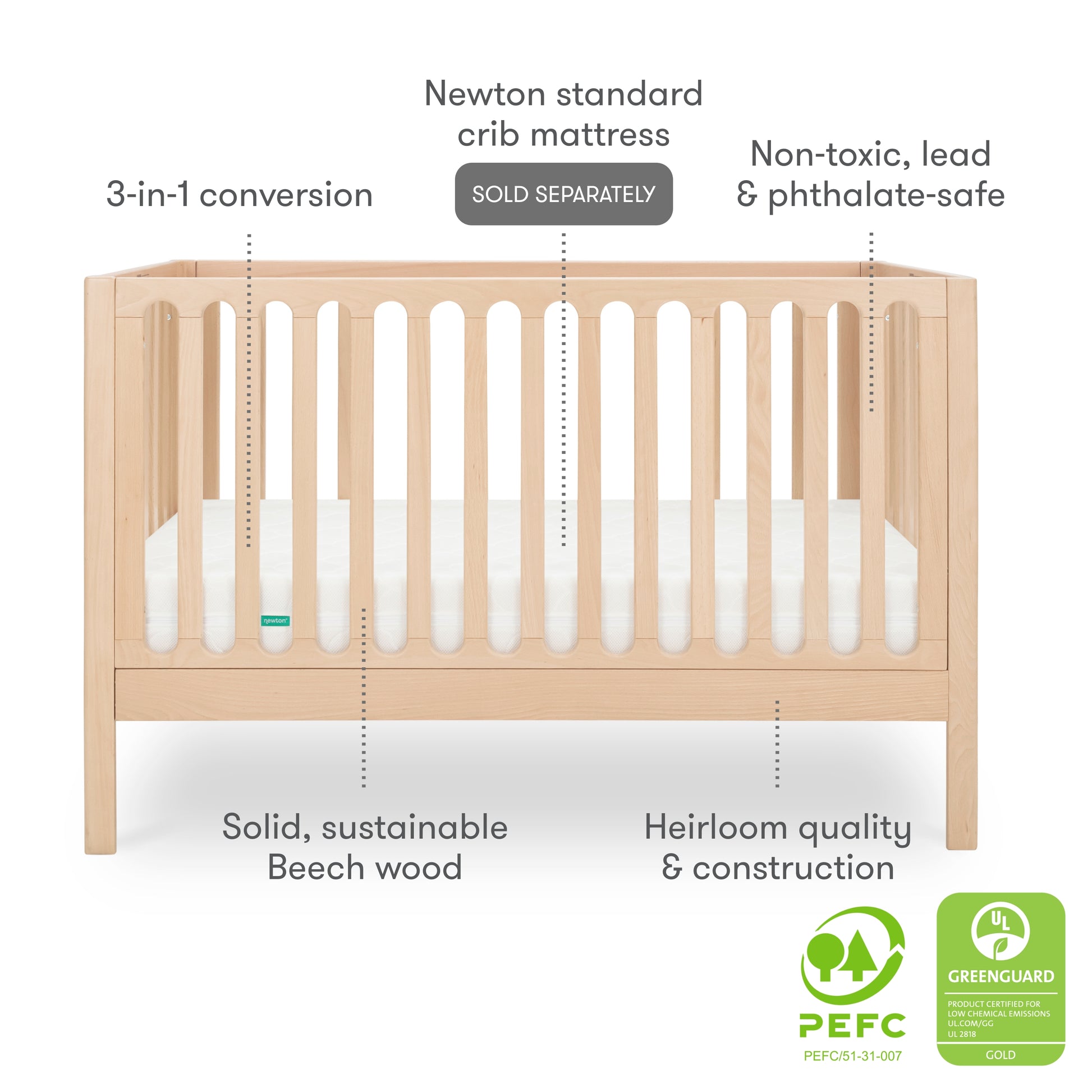 Front view of the Newton Galileo Convertible Crib by Newton Baby in solid beech wood, showing labeled features: 3-in-1 convertible design, heirloom quality, non-toxic materials, toddler bed option, and certification badges at bottom right.