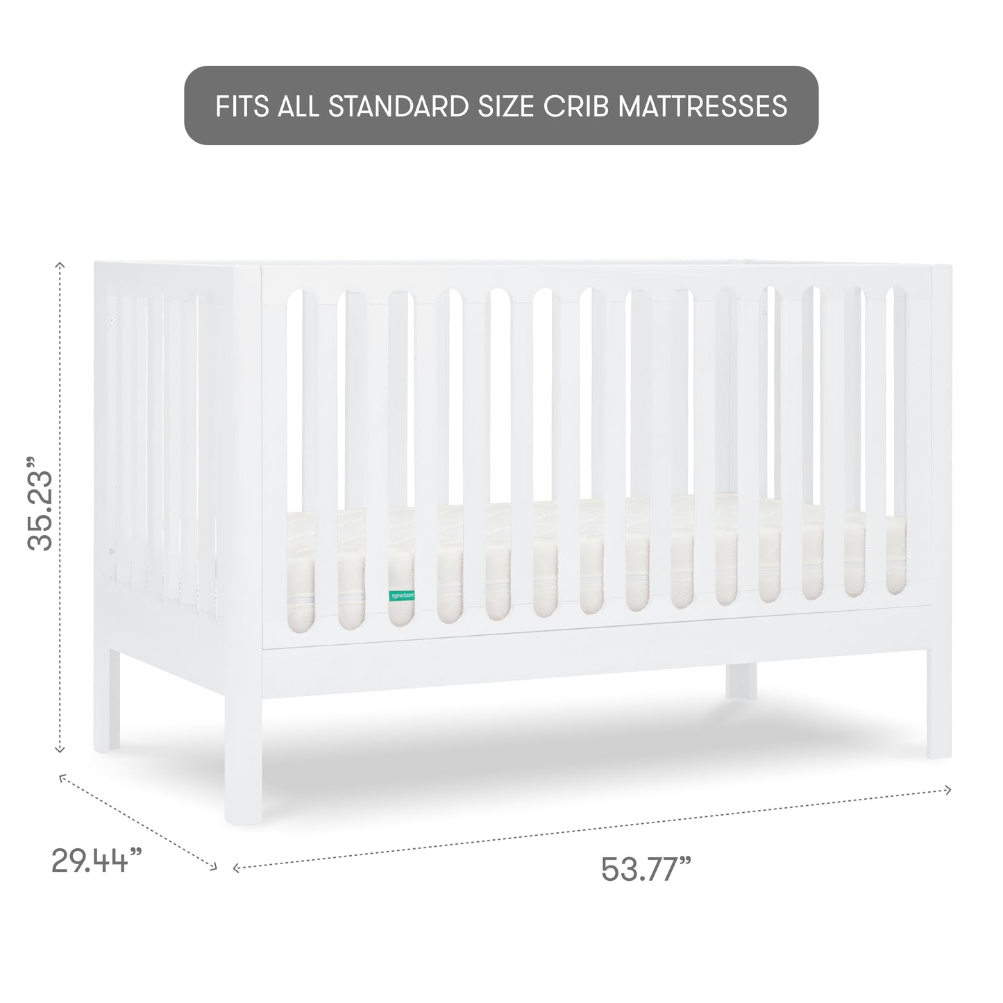 The Newton Galileo Convertible Crib by Newton Baby is a white beech wood crib with slatted sides, measuring 35.23"H x 29.44"D x 53.77"W. Text above reads: Fits all standard size crib mattresses.