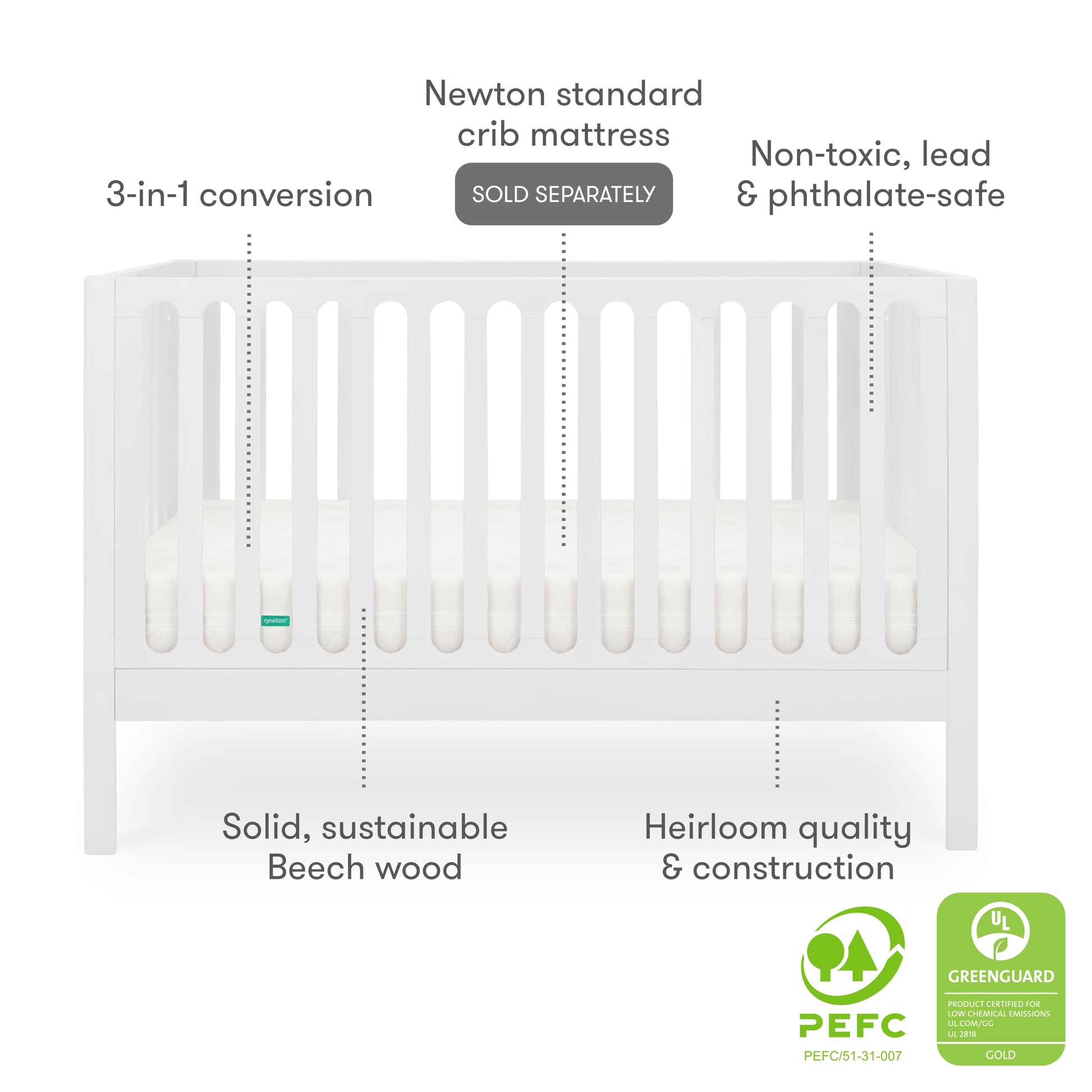 The Newton Galileo Convertible Crib by Newton Baby features white beech wood, vertical slats, non-toxic finish, safety certifications, heirloom quality, toddler bed conversion, and fits the Newton standard crib mattress (sold separately).