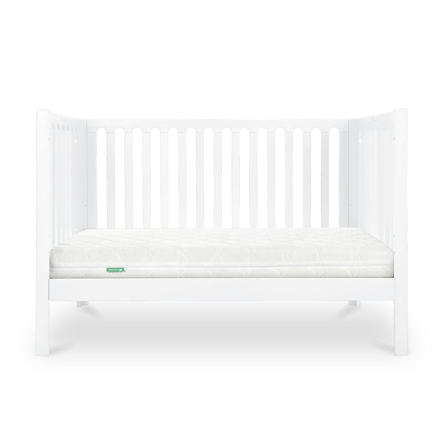 The Newton Galileo Convertible Crib by Newton Baby features white beech wood, vertical slats, and a white mattress. Shown on a plain white background, this crib easily converts to a toddler bed as your child grows.