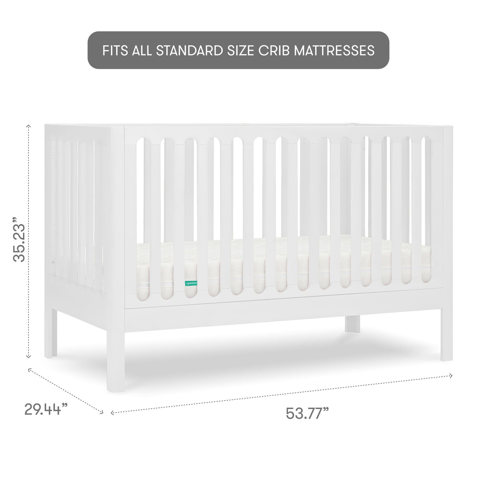 White baby crib with slatted sides and a visible mattress, isolated on a gray background with measurements, 35.23 inches tall, 29.44 inches wide, 53.77 inches long, with text "fits all standard size crib mattresses"