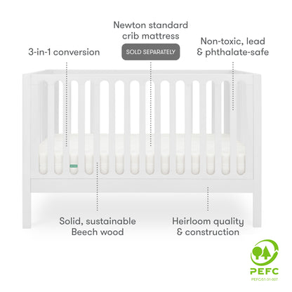 White 3-in-1 convertible crib made of solid, sustainable beech wood, featuring heirloom quality construction and compatibility with Newton standard crib mattress, labeled non-toxic, lead & phthalate-safe, and PEFC certified.