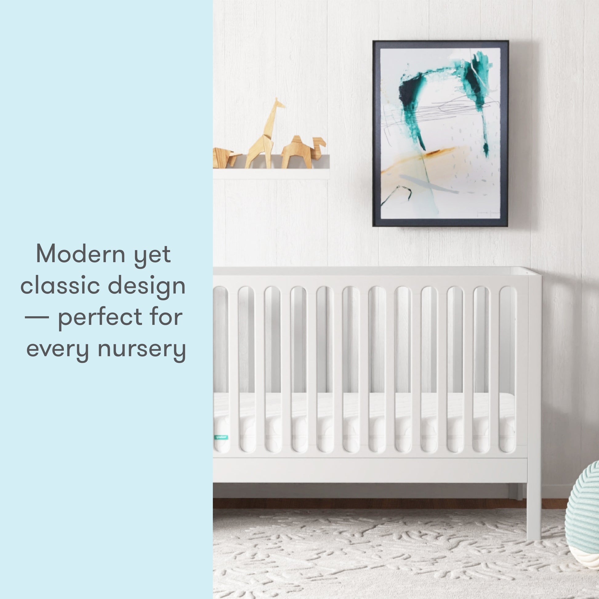 A modern yet classic white crib in a stylish nursery, with text stating "Modern yet classic design — perfect for every nursery."