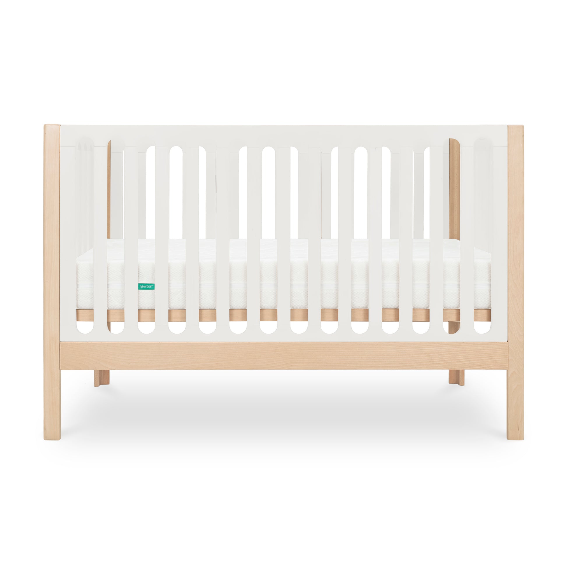 The Newton Galileo Convertible Crib by Newton Baby features a modern beech wood design with white slatted sides, includes a mattress, and easily converts to a toddler bed as your child grows.