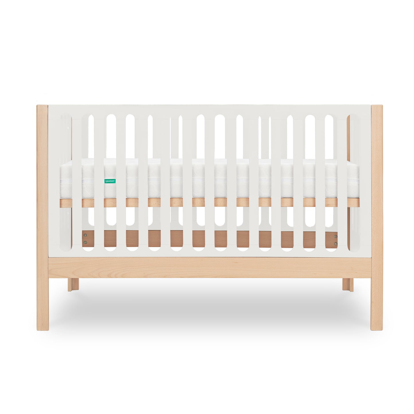The Newton Galileo Convertible Crib by Newton Baby features modern beech wood with white slats, a light wood frame, and a white mattress. This crib easily converts to a toddler bed, adapting as your child grows. 
