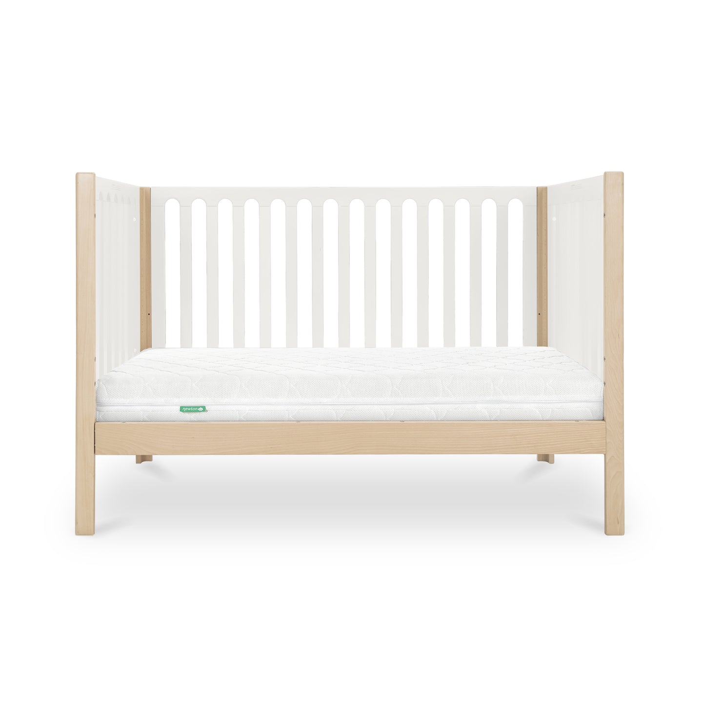 The Newton Baby Newton Galileo Convertible Crib features light beech wood legs and frame, white slatted sides, a white mattress, and offers toddler bed conversion for long-term use. Shown against a plain white background.