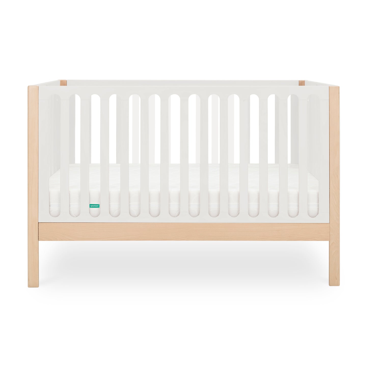 The Newton Baby Newton Galileo Convertible Crib features natural beech wood legs, a white frame with slatted sides, and a white mattress. This modern crib converts to a toddler bed for lasting versatility and is pictured against a plain white background.