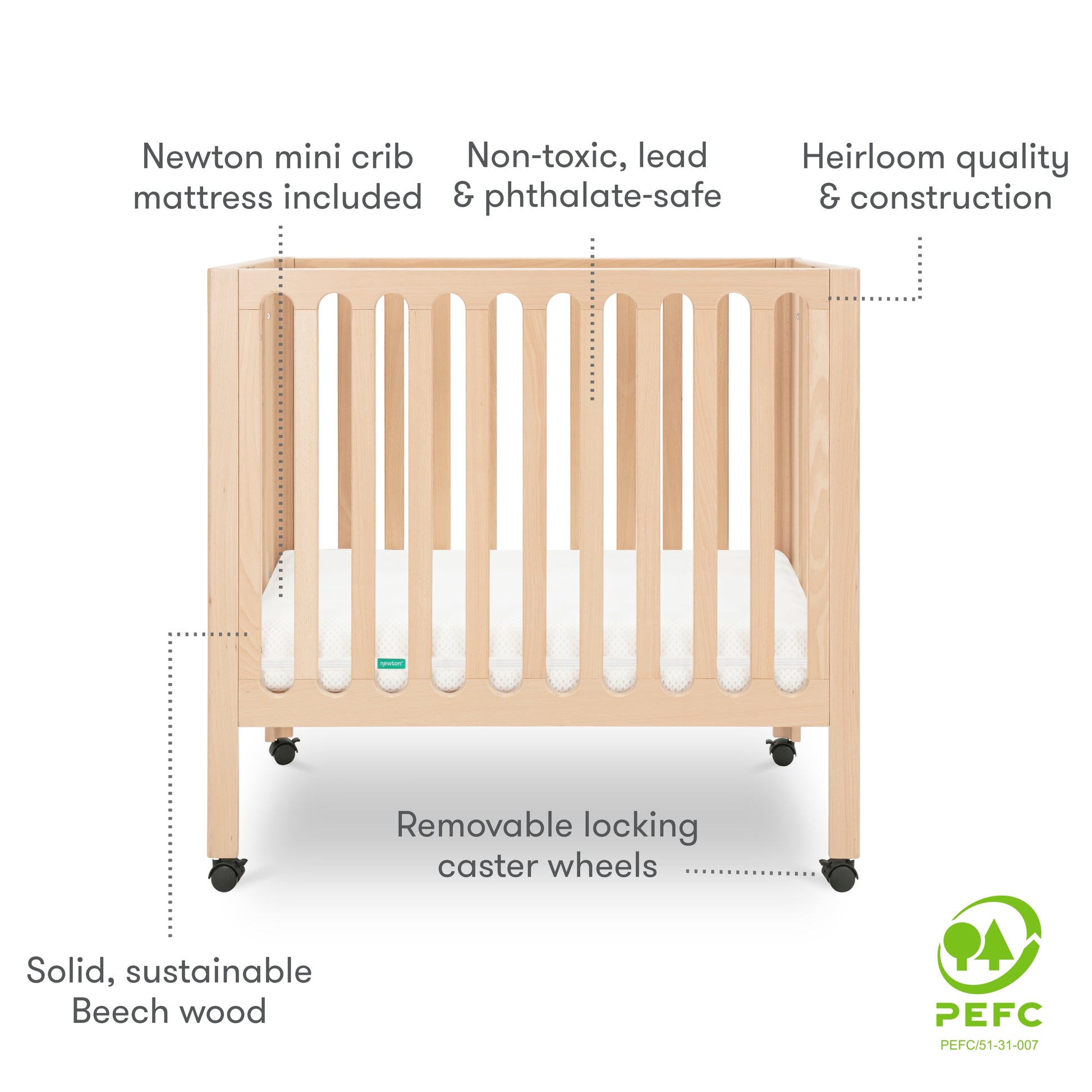 Newton mini crib made of solid, sustainable Beech wood, featuring non-toxic, lead & phthalate-safe materials, heirloom quality construction, removable locking caster wheels, and includes a mattress; certified by PEFC for sustainable forestry.