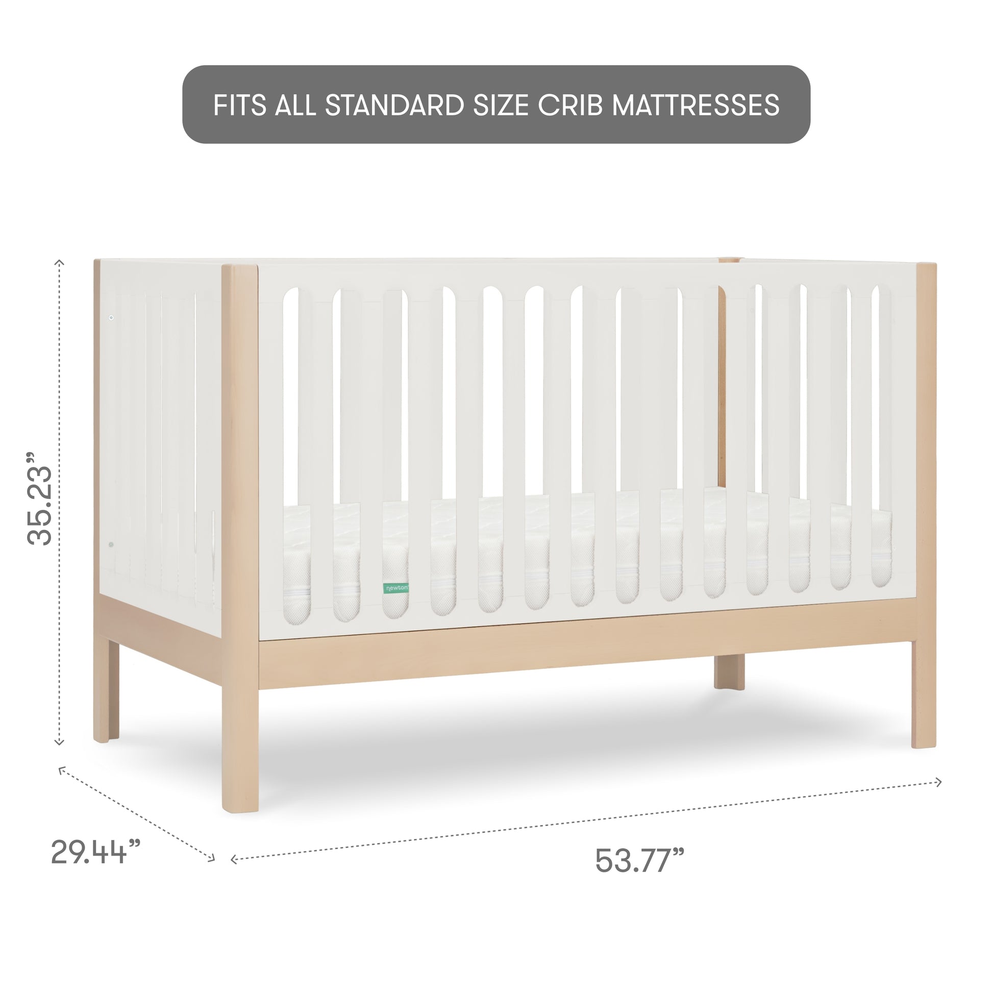 The Newton Galileo Convertible Crib by Newton Baby features modern beech wood, white slatted sides, natural legs, and a mattress. Fits all standard size crib mattresses. Dimensions: 35.23"H x 29.44"D x 53.77"W; converts to toddler bed.