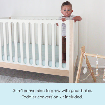 A baby stands in a Newton Galileo Convertible Crib by Newton Baby, made of modern beech wood with vertical slats. A wooden baby gym with hanging toys sits nearby. Text: 3-in-1 crib grows with your baby—toddler bed conversion kit included.