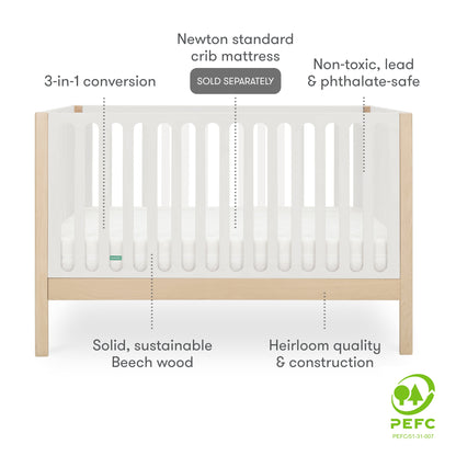 The Newton Galileo Convertible Crib by Newton Baby features heirloom-quality, solid sustainable beech wood in light wood and white. It’s a 3-in-1 non-toxic, PEFC-certified crib that converts to a toddler bed. Fits the Newton standard mattress (sold separately).