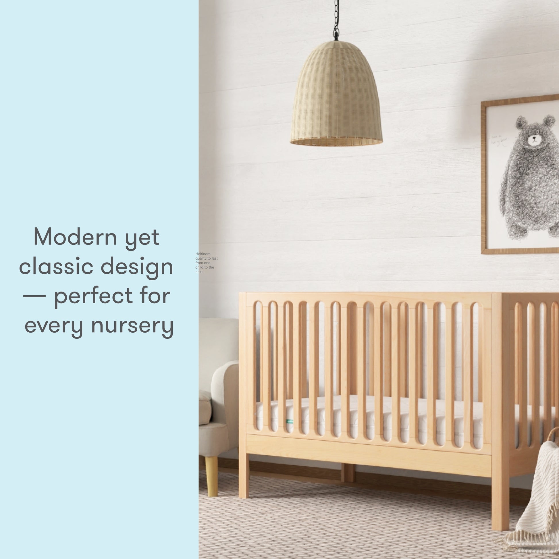 angled image of the newton galileo crib in natural color in a modern nursery, text reads "modern yet classic design -- perfect for every nursery