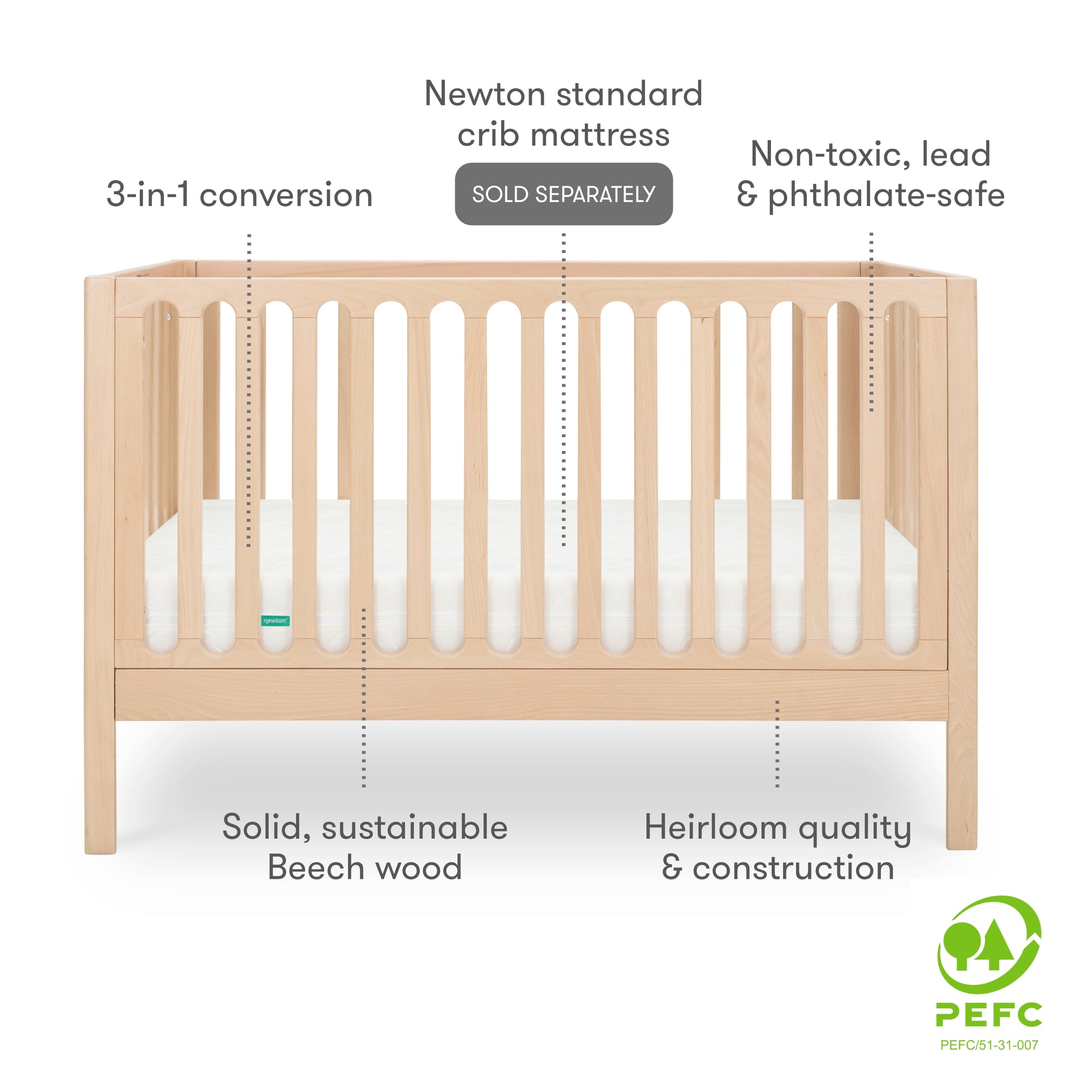 newton galileo crib in natural color, diagram with information that reads, "Newton standard crib mattress sold seperately, 3-in-1 conversion, non-toxic, lead & phthalate-safe, heirloom quality & construction, solid, sustainable beech wood" PEFC certified badge