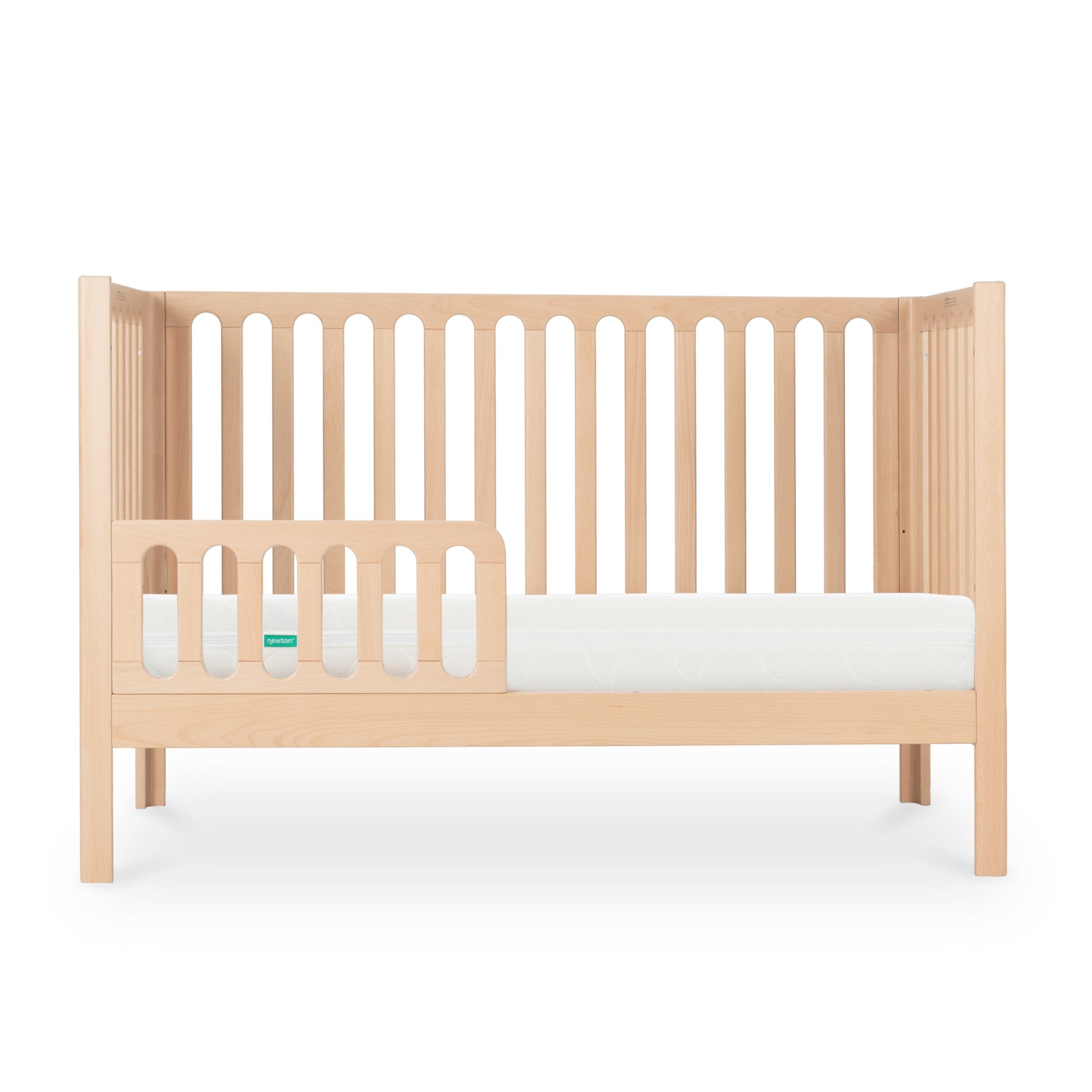 newton galileo crib in natural color converted to toddler mode, with guard, front facing product image with white background.