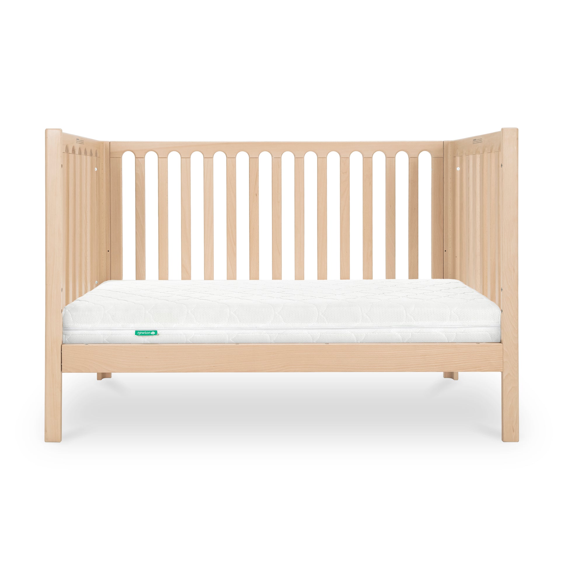 newton galileo crib in natural color converted to toddler mode, no guard,  front facing product image with white background.