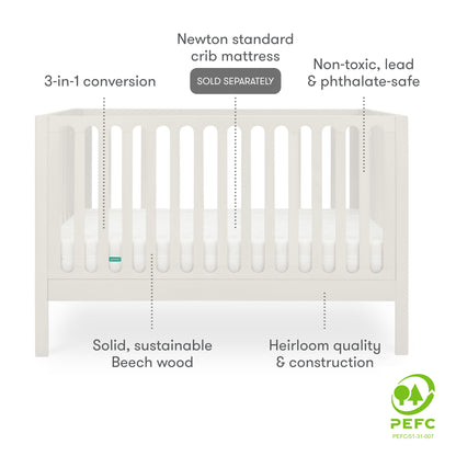 White 3-in-1 convertible crib made of solid, sustainable beech wood, featuring heirloom quality construction and compatibility with Newton standard crib mattress, labeled non-toxic, lead & phthalate-safe, and PEFC certified.