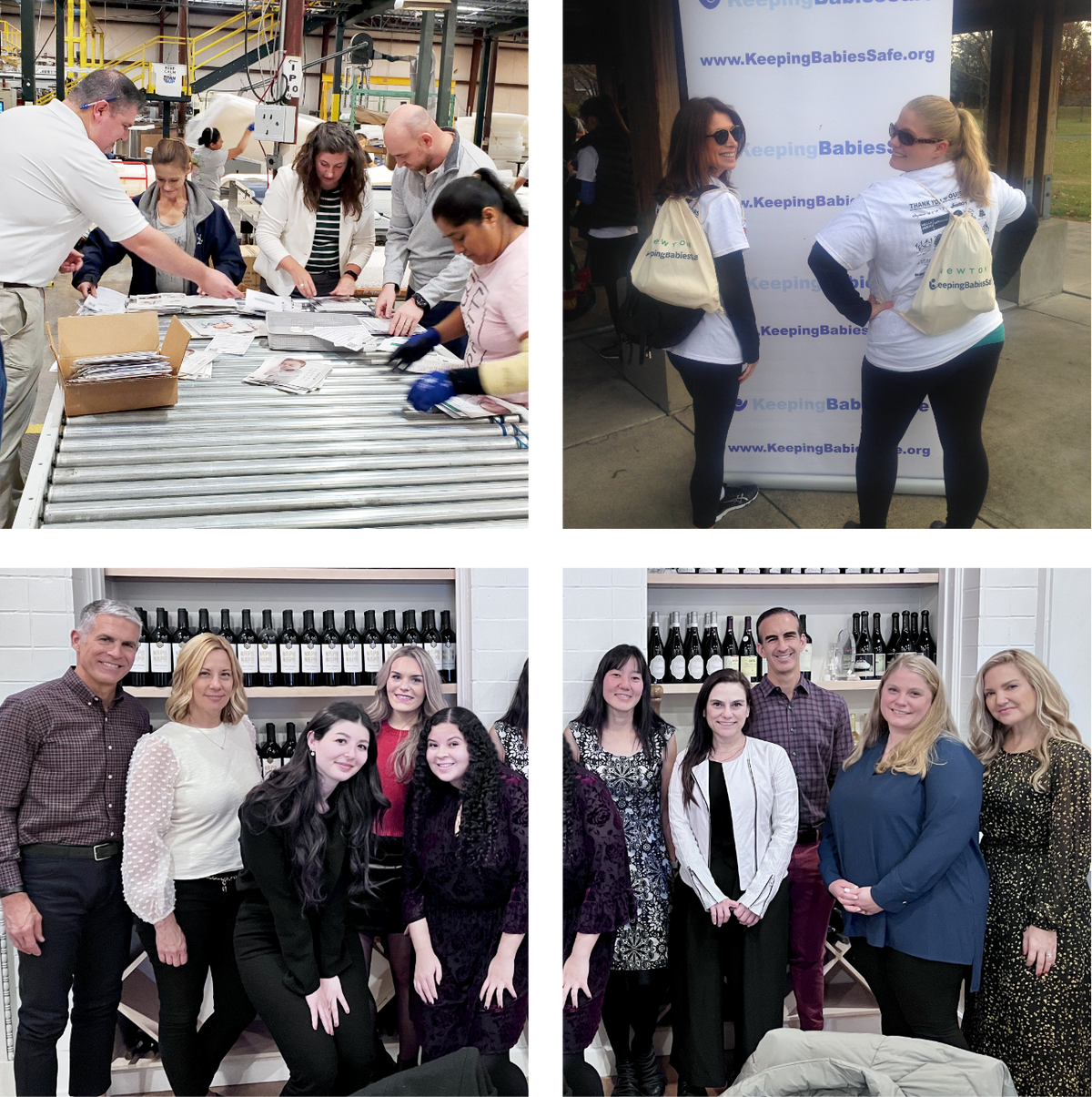 A collage of four images: volunteers packing items in a warehouse, two women standing with tote bags in front of a Keeping Babies Safe banner, and two group photos of eight people posing in front of wine bottles.
