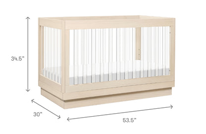 A light wood baby crib with dimensions labeled as 34.5" in height, 30" in width, and 53.5" in length.