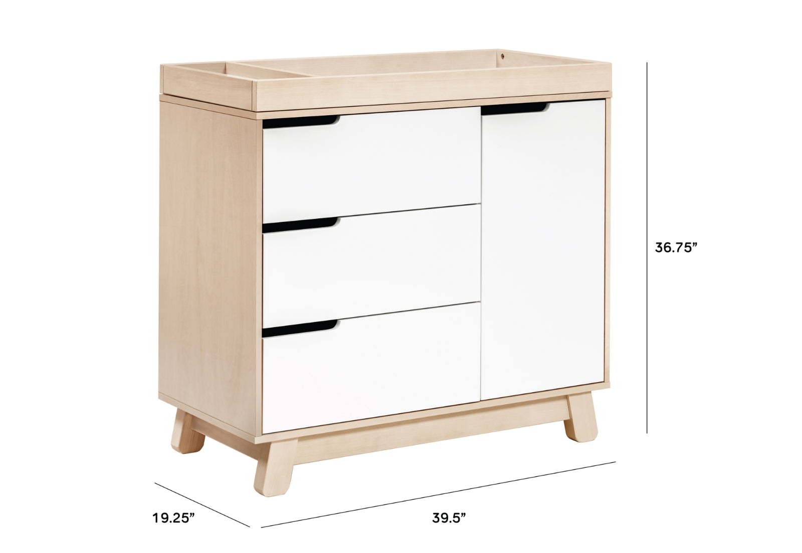 Modern nursery dresser in natural wood and white finish, featuring dimensions on sides: 36.75 inches high, 39.5 inches wide, and 19.25 inches deep.