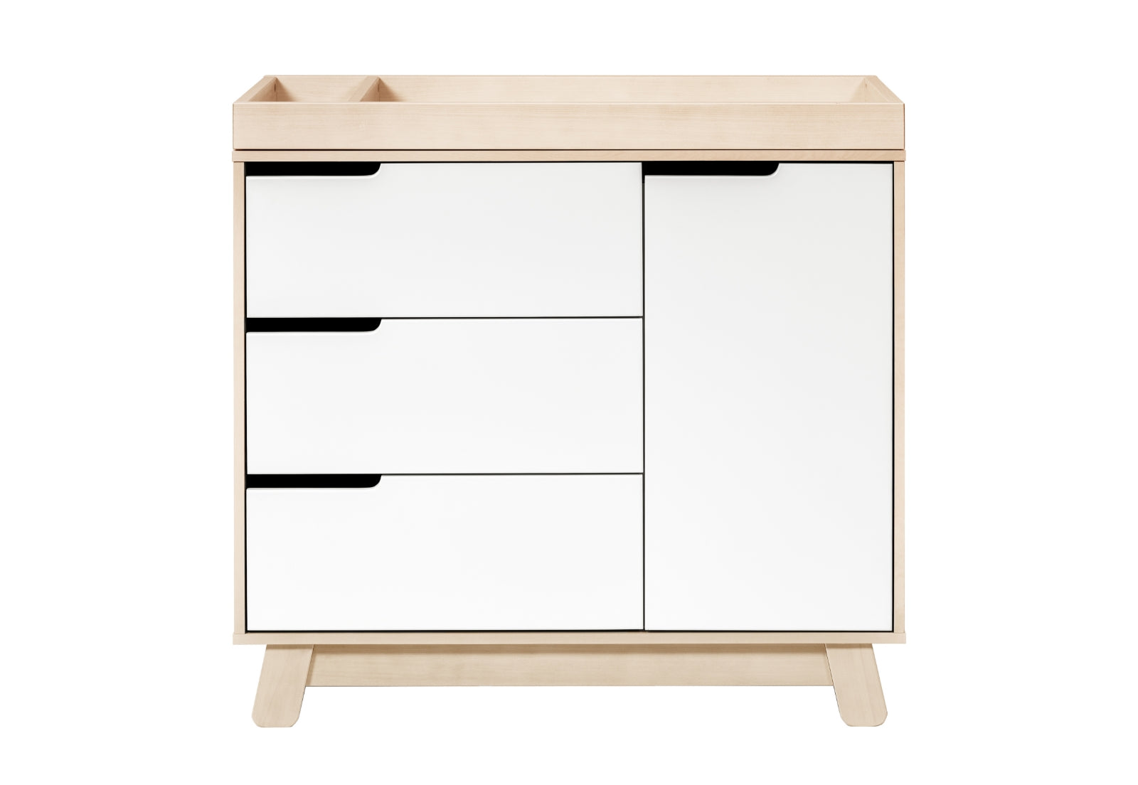 Modern light wood baby changing table dresser with three drawers and a cabinet, featuring black handles.