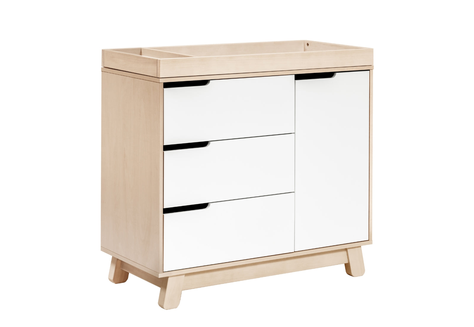 Modern baby changing table with three drawers and a white cabinet, set on rounded legs.