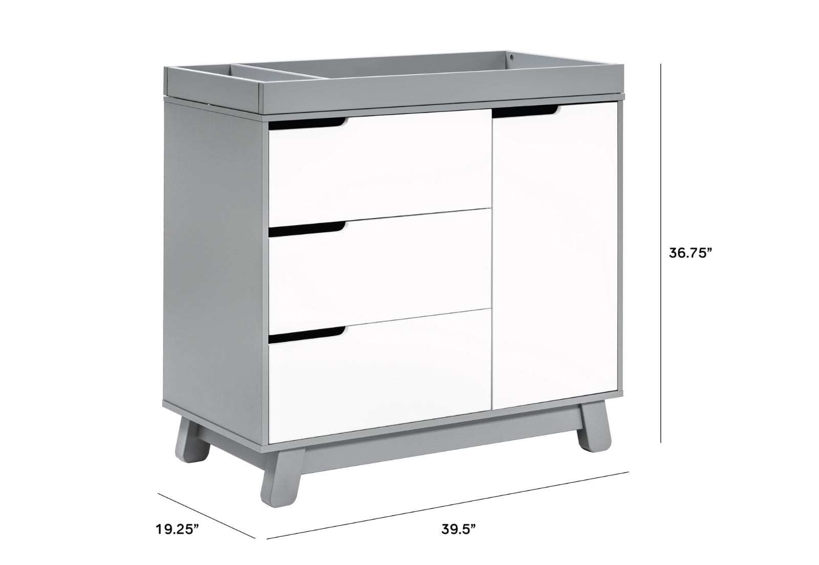 Gray and white baby changing table with dimensions labeled as 19.25" in depth, 39.5" in width, and 36.75" in height.