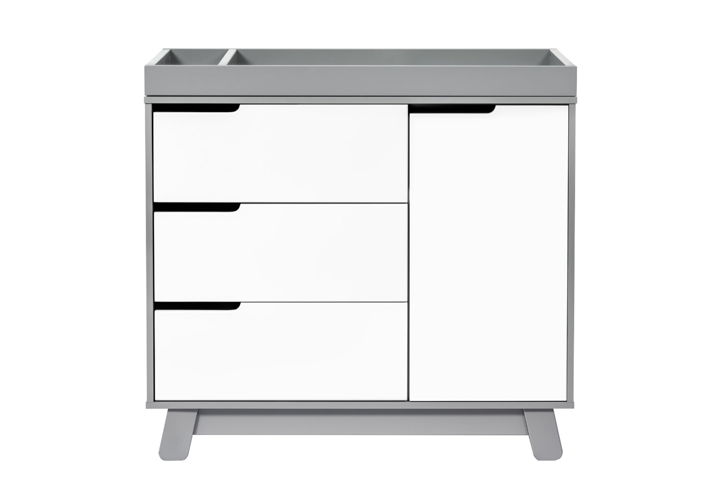 Modern gray and white baby changing table with three drawers and a cabinet.