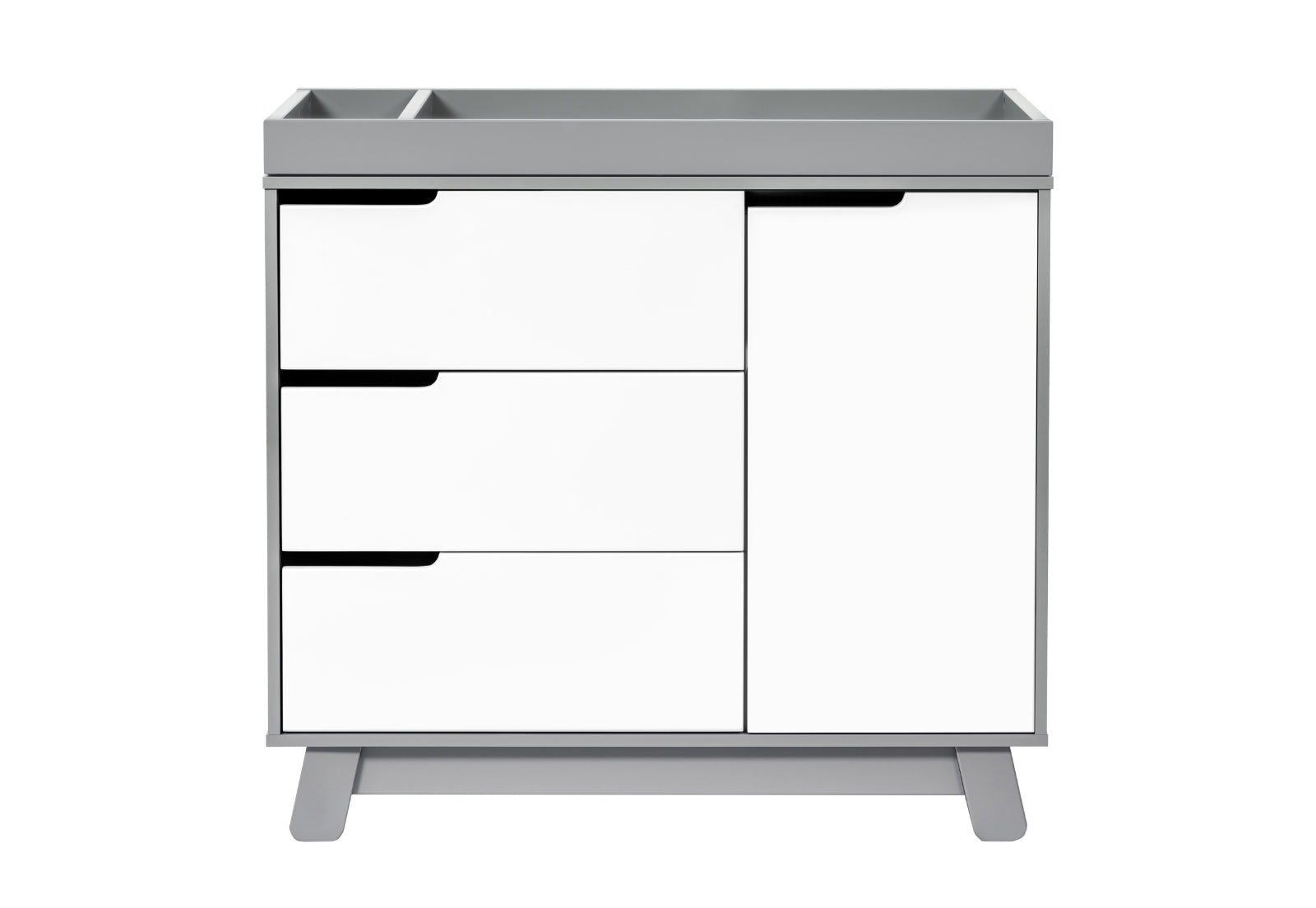 Modern gray and white baby changing table with three drawers and a cabinet.