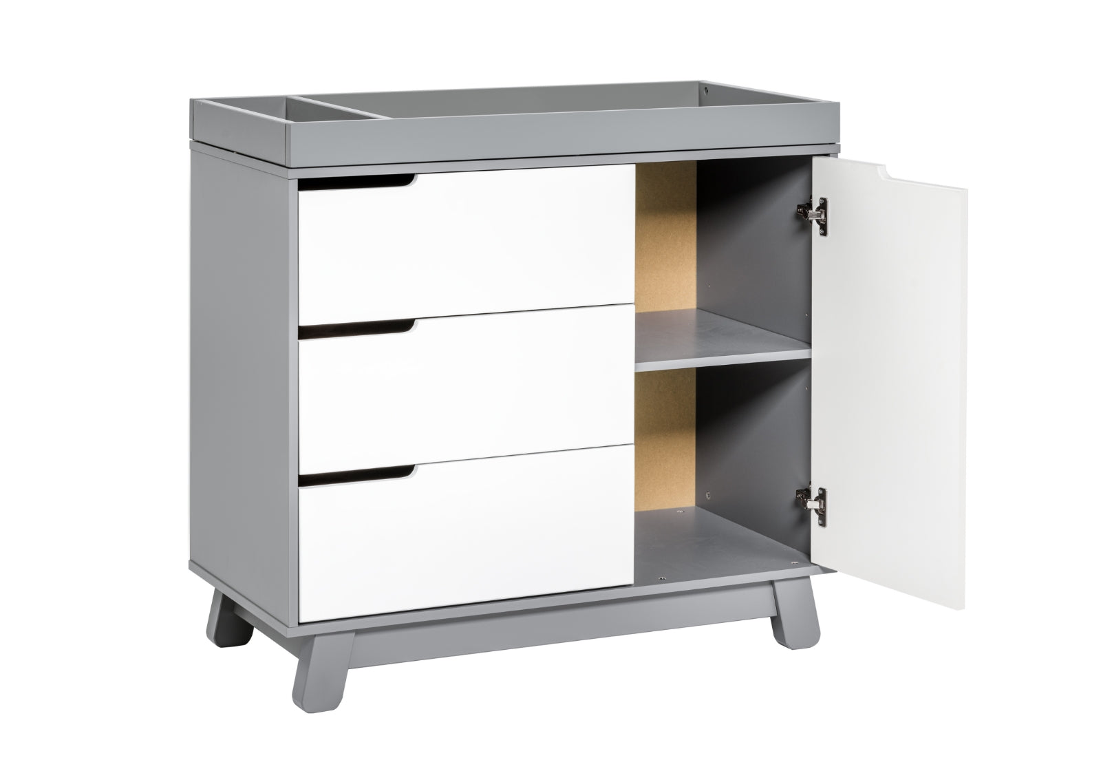 Modern gray baby changing table with three white drawers and a side cabinet showing shelves, designed for practical nursery storage.