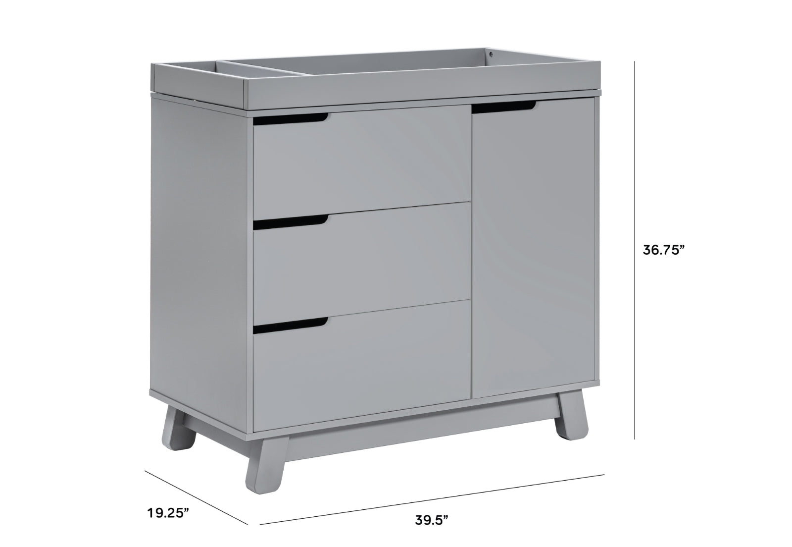 Modern gray baby changing table with three drawers and dimensions labeled as 19.25”, 39.5”, and 36.75”.