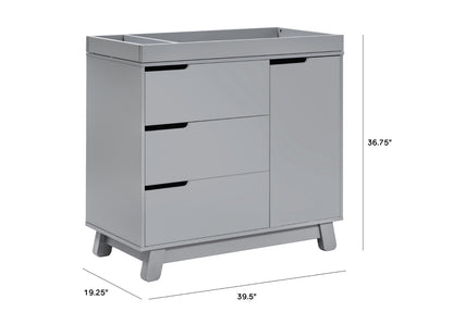 Modern gray baby changing table with three drawers and dimensions labeled as 19.25”, 39.5”, and 36.75”.