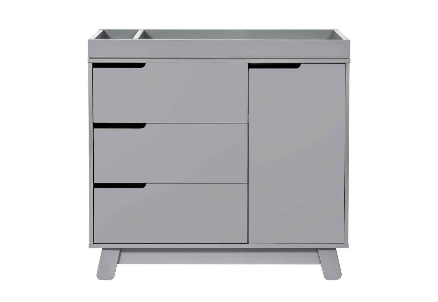 Modern gray baby changing table with three drawers and a cabinet, isolated on a white background.