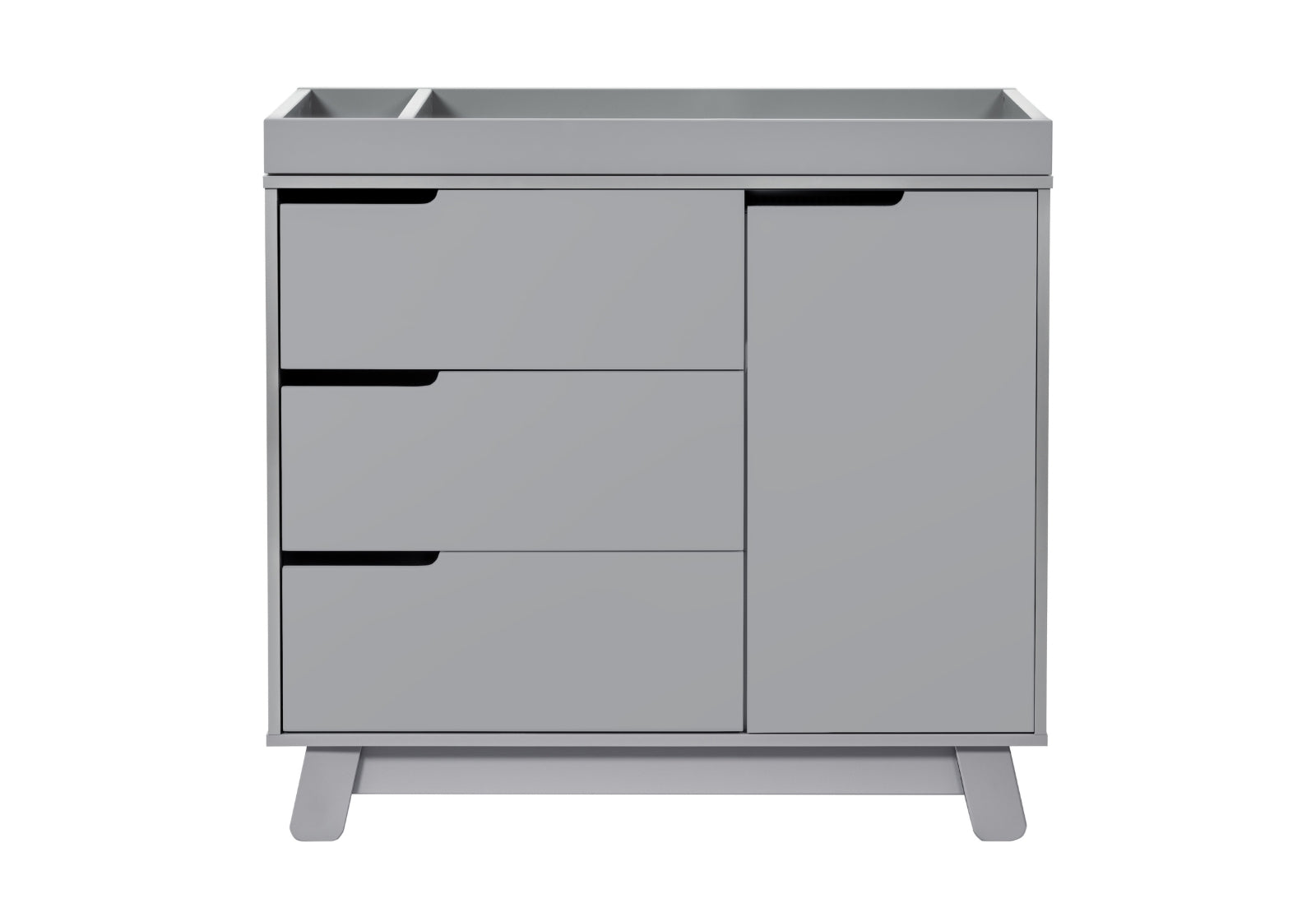 Modern gray baby changing table with three drawers and a cabinet, isolated on a white background.