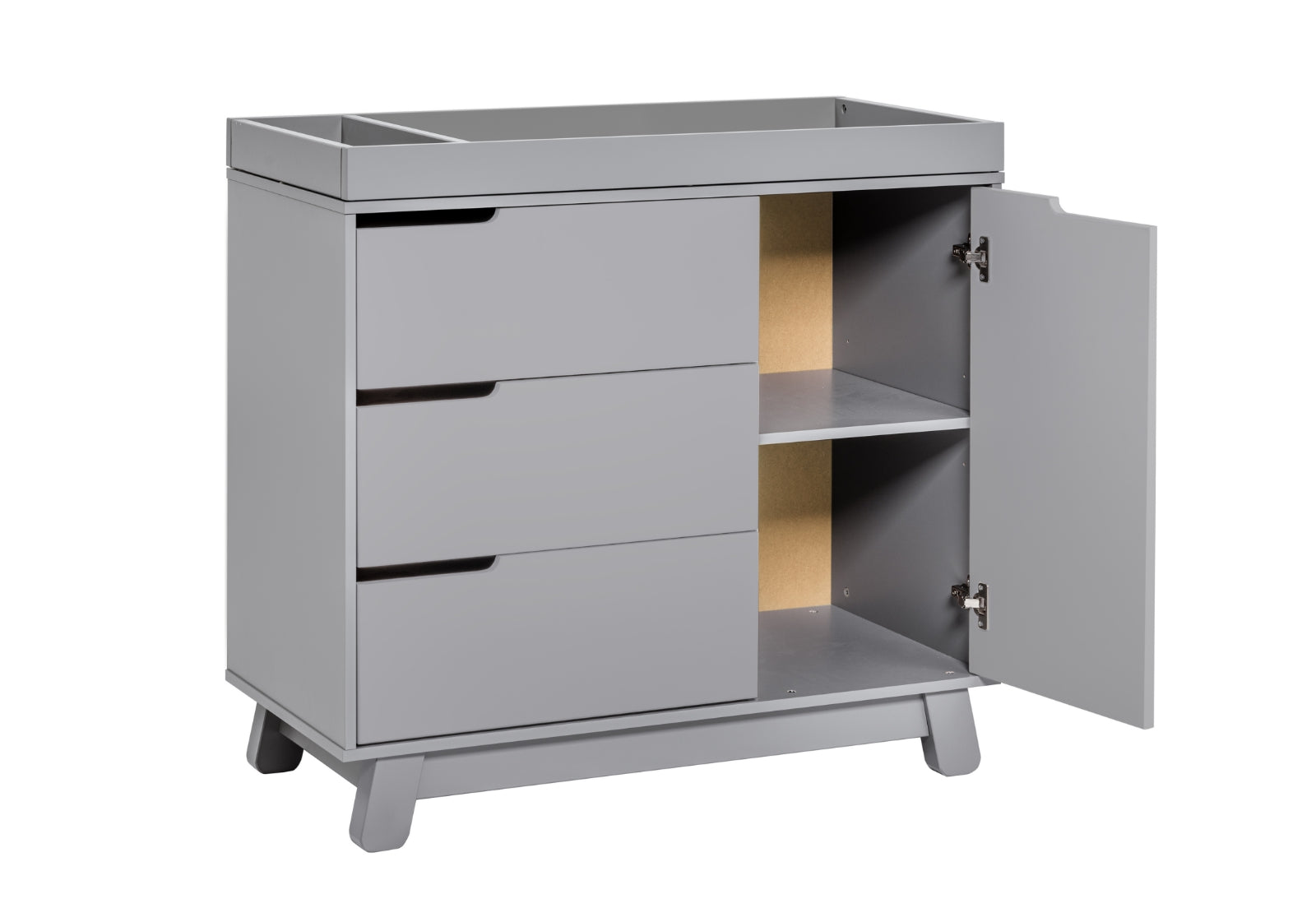 Gray baby changing table with three drawers on the left and an open cabinet with shelves on the right.