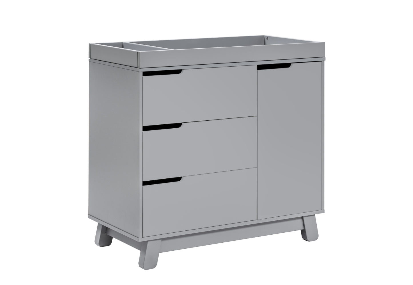 Gray baby changing table with a cabinet and three drawers on short legs.