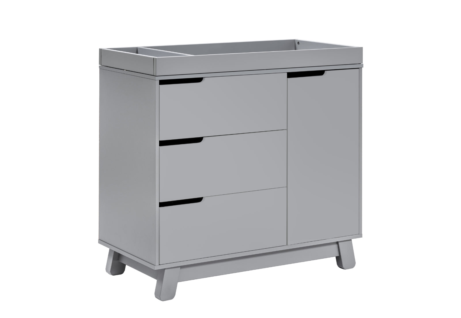 Gray baby changing table with a cabinet and three drawers on short legs.