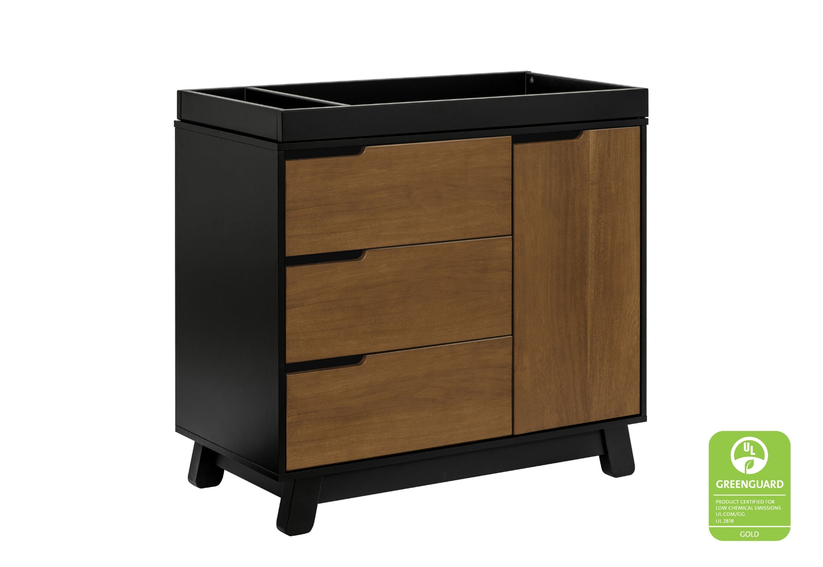 Modern black and wood-colored dresser with three drawers and a certification badge showing "GREENGUARD GOLD."