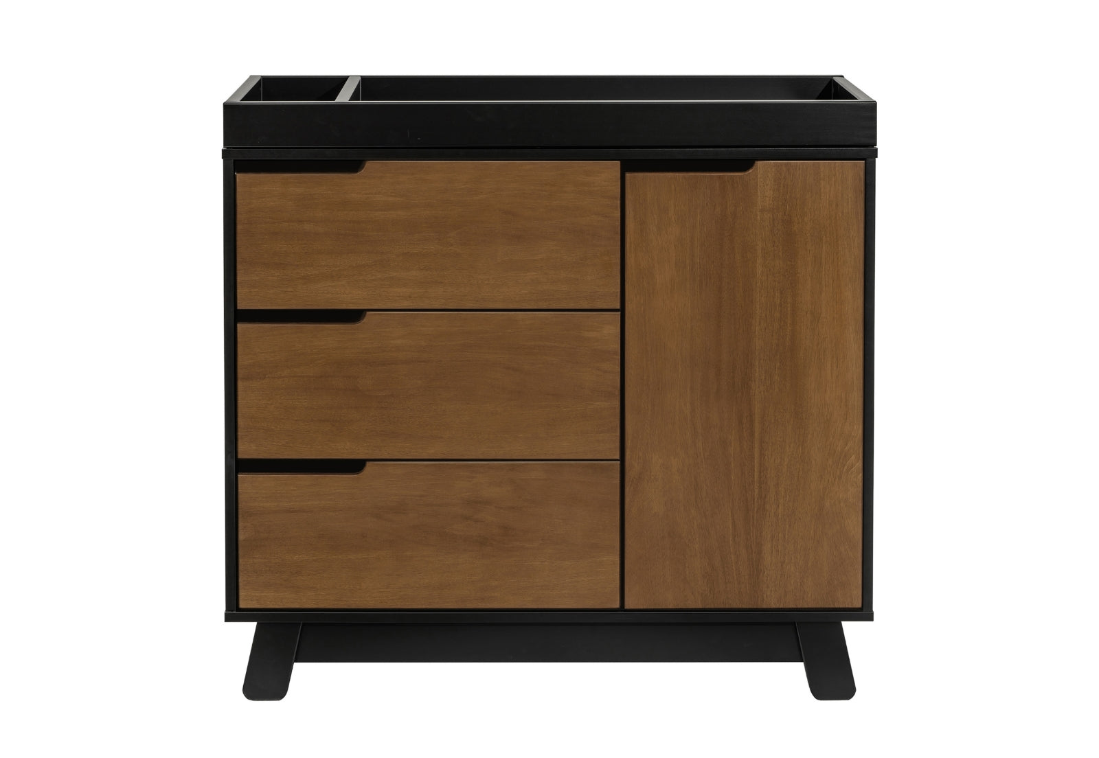 ALT text: "Stylish black and wood-toned nursery changing table with three drawers and a single cabinet."
