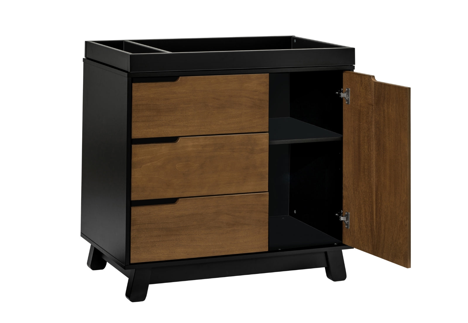 ALT text: "Stylish black and wood finish baby changing table with open cabinet door revealing shelves and three closed drawers."
