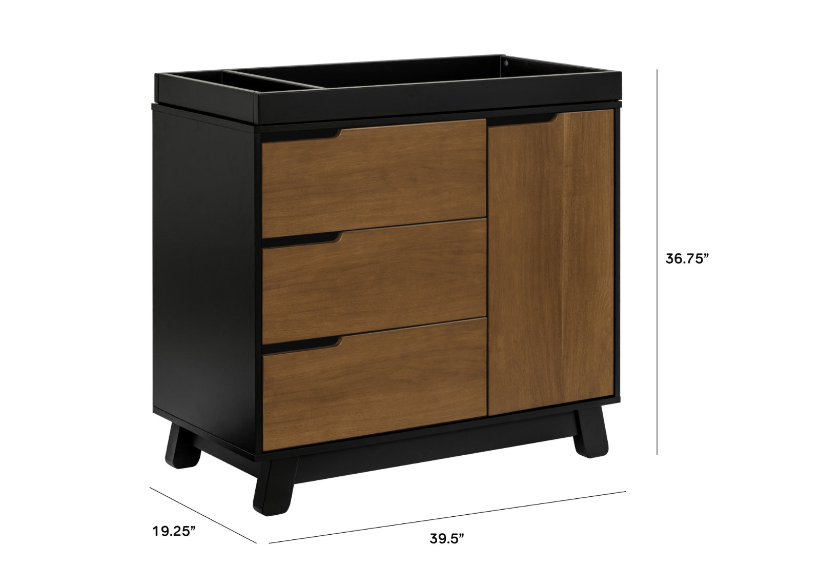Modern black and wood baby changing table with dimensions 19.25" x 39.5" x 36.75".