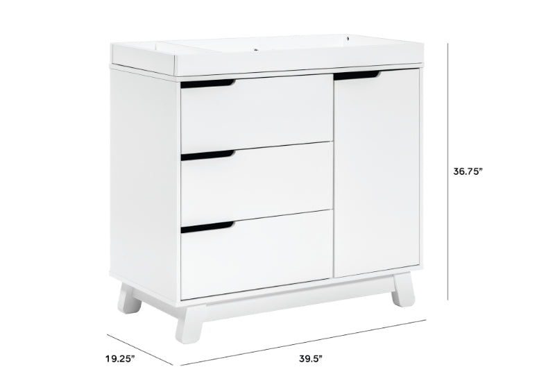 White baby changing table with dimensions labeled, featuring a chic design with three drawers and a side cabinet, dimensions displayed as 19.25" depth, 39.5" width, and 36.75" height.