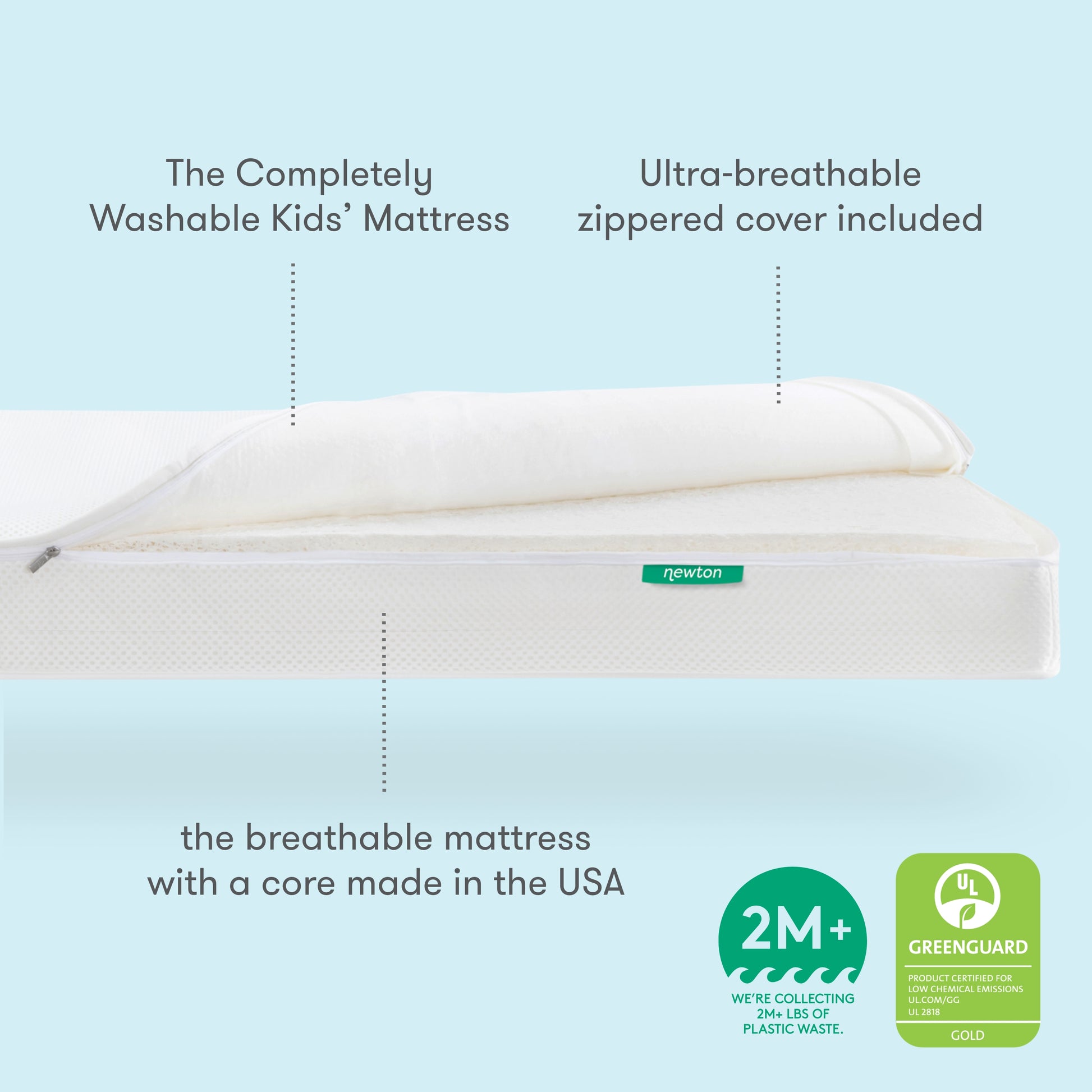 The Newton Baby Kids' Twin Mattress features a partially unzipped, ultra-breathable white cover that's completely washable. Made in the USA, it’s GREENGUARD Gold certified and trusted by over 2 million families.