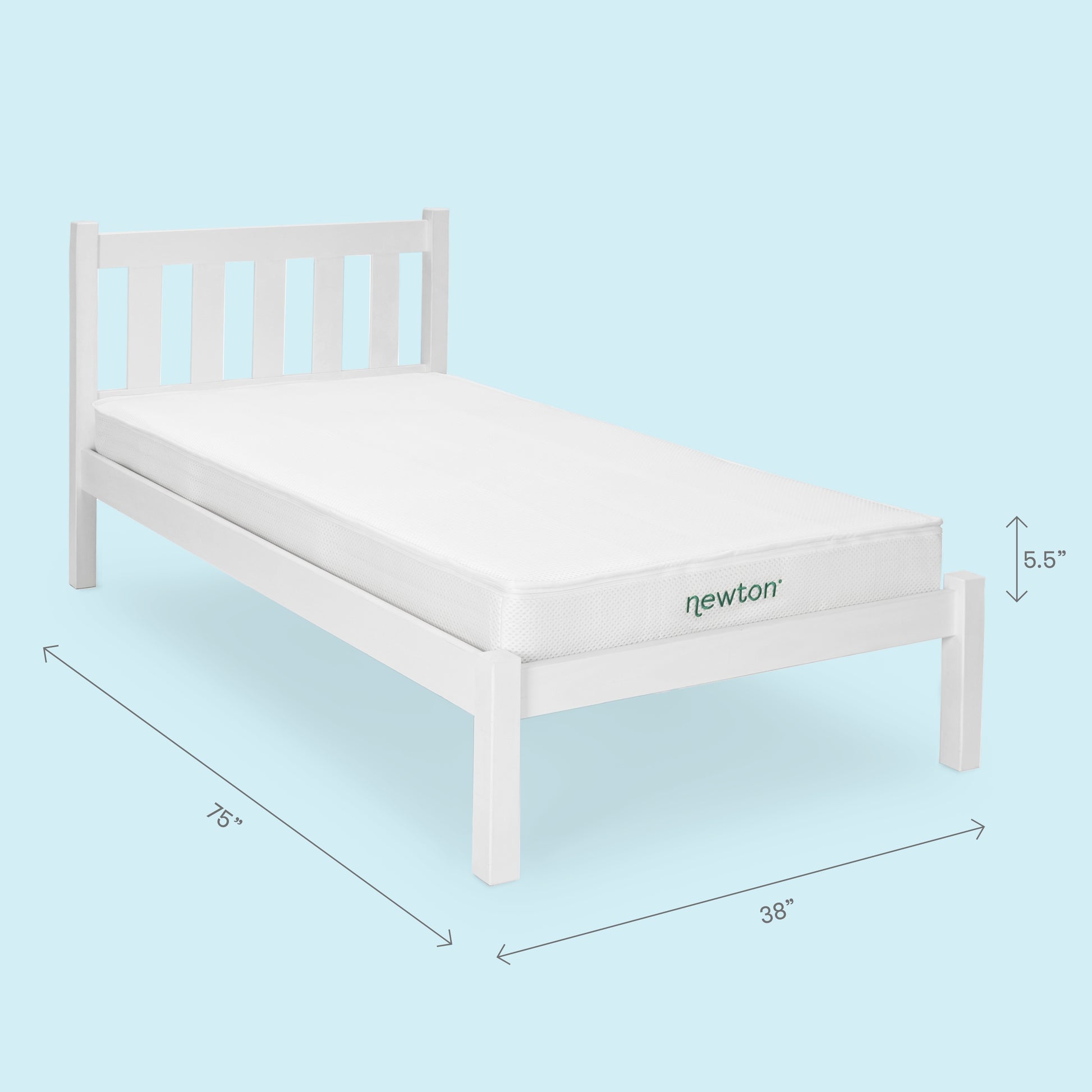 The Newton Baby Kids' Twin Mattress, GREENGUARD Gold certified and breathable, measures 76"L x 38"W x 5.5"H and is shown as a white twin-size bed on a light blue background.